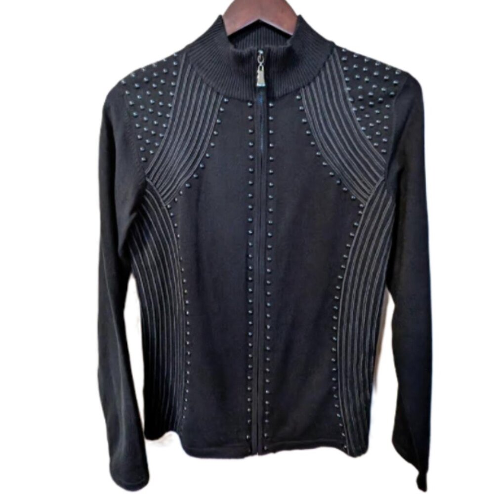 Minkas Black Studded Cardigan Sweater Decorative Stitching NWT Medium